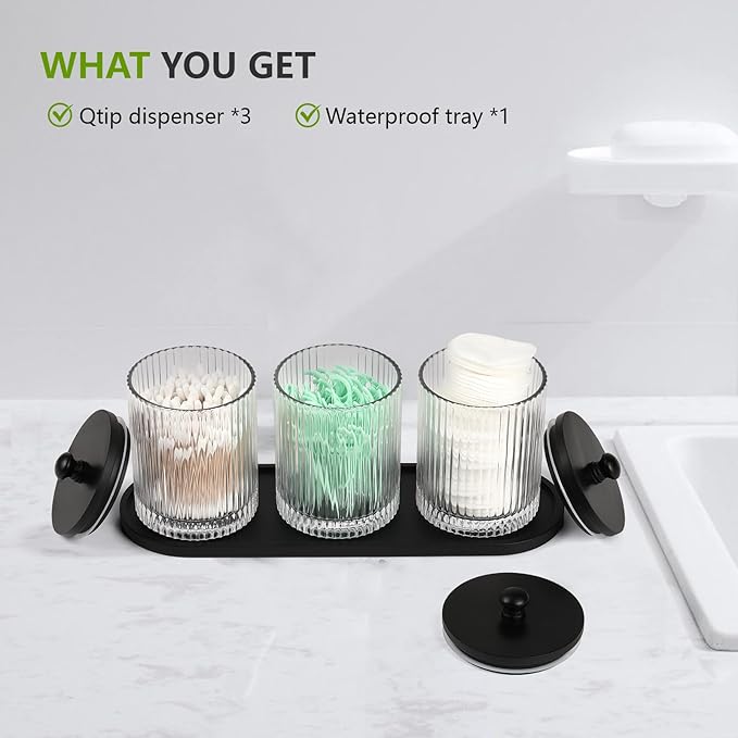 eggs sound 3 Pack Qtip Holder - Bathroom Organizers and Storage, Cotton Round Holder Floss Pick Cotton Ball Swab Holder with Tray, Glass Apothecary Jars with Lids Container Set -sw clear b