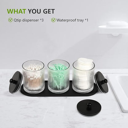 eggs sound 3 Pack Qtip Holder - Bathroom Organizers and Storage, Cotton Round Holder Floss Pick Cotton Ball Swab Holder with Tray, Glass Apothecary Jars with Lids Container Set -sw clear b