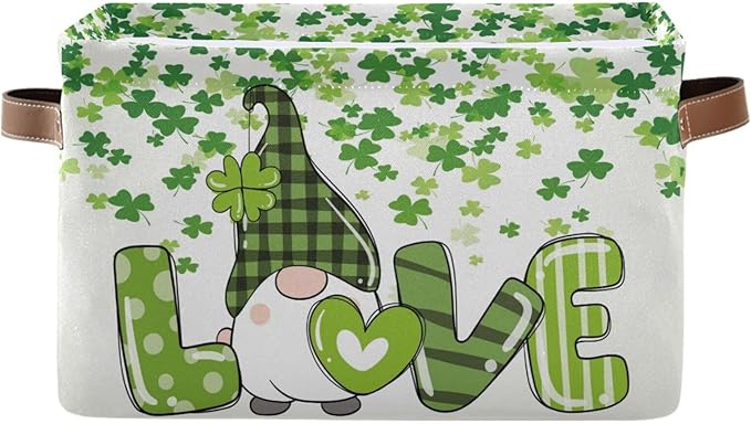 St Patrick's Day Gnome Storage Basket - Shamrock Clovers Cute Fabric Laundry Shelf - Large Foldable Storage Box Cube With Handle - Closet Bin Organizer for Kids Toys Cloth Bedroom