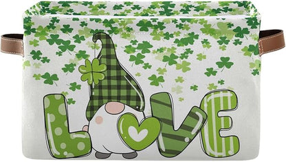 St Patrick's Day Gnome Storage Basket - Shamrock Clovers Cute Fabric Laundry Shelf - Large Foldable Storage Box Cube With Handle - Closet Bin Organizer for Kids Toys Cloth Bedroom