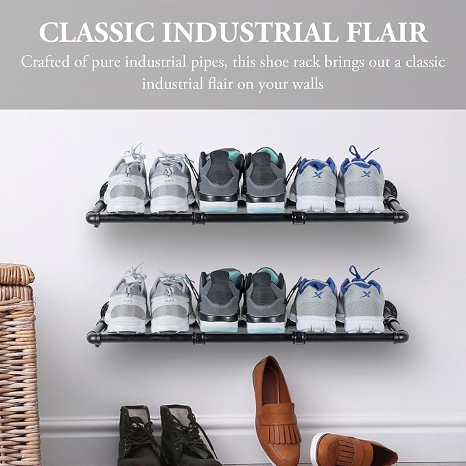 MyGift Set of 2 Industrial Matte Black Metal Pipe Hanging Shoe and Boot Rack Shelves, Wall Mounted Space Saving Footwear Storage for Closet, Mudroom, Entryway, Holds 6 Pairs