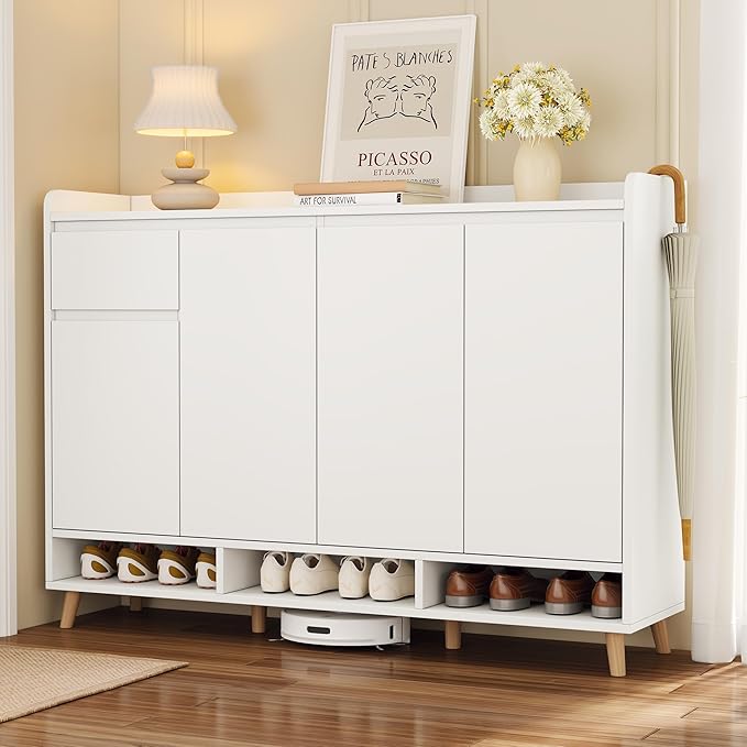 JIVOIT Shoe Cabinet with Adjustable Shelves, Drawer, Sleek and Contemporary Shoe Rack with Solid Wood Legs, Minimalist Home Organizer Storage Sideboard for Entryway, Living Room (White,167)
