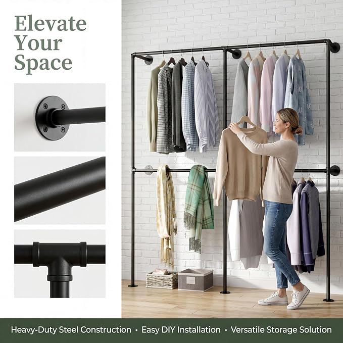 Industrial Pipe Clothing Rack Wall Mounted Garment Rack, Black Pipe Clothes Racks Retail Display Hanging Rod for Closet Storage, Laundry Room