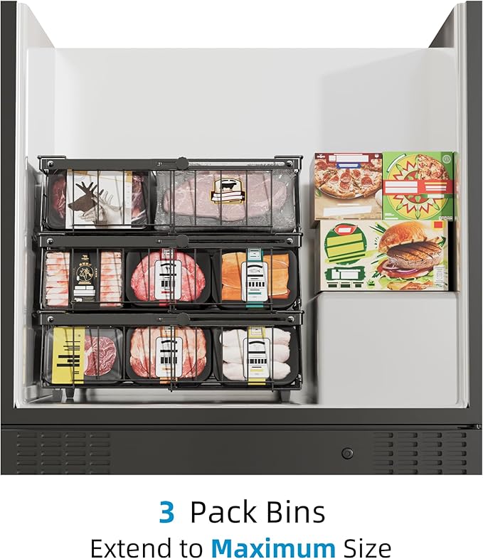 Deep freezer organizer bins-Fit 10 to 20 Cu.FT，4 Pcs stackable wire baskets for freezer，Vegetable Fruit Basket，kitchen countertop organizer，pantry organizers and storage，Expandable length 11.42-17.91"