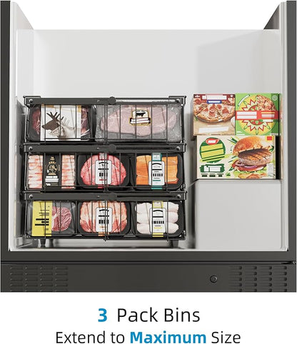 Deep freezer organizer bins-Fit 10 to 20 Cu.FT，4 Pcs stackable wire baskets for freezer，Vegetable Fruit Basket，kitchen countertop organizer，pantry organizers and storage，Expandable length 11.42-17.91"