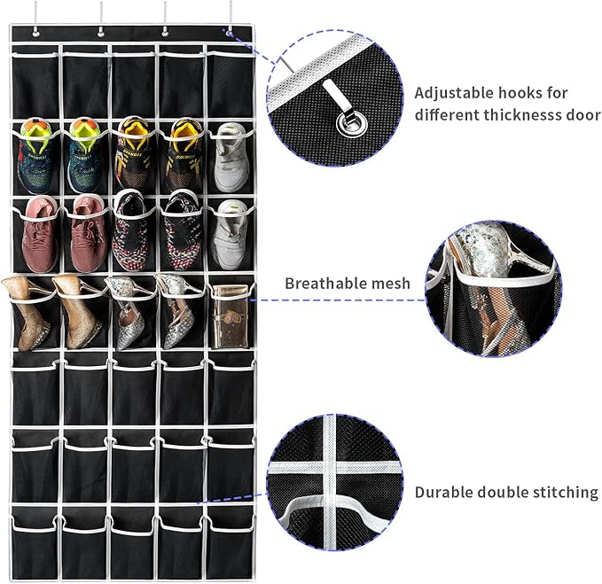 SAVERHO 35 Pockets Over the Door Shoe Organizer, Hanging Shoe Organizer for Door with 35 Mesh Pockets Large Capacity Shoe Hanging Storage Bag with 4 Metal Hooks (Black-1Pack)