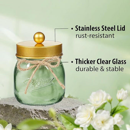 SheeChung Green Glass Qtip Holder Dispenser, Mason Jar Apothecary Jars with Lids, Bathroom Organizers and Storage, Vanity Countertop Canisters Set for Cotton Swab, Ball, Pad, Floss Pick-Gold, 1 Pc