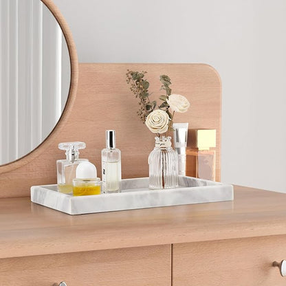 Real Natural Marble Tray for Bathroom, Vanity, Kitchen and Desktop, Rectangle Genuine Marble Stone Tray for Jewelry, Cosmetics, Candles, Lotion, Perfume and Home Decor