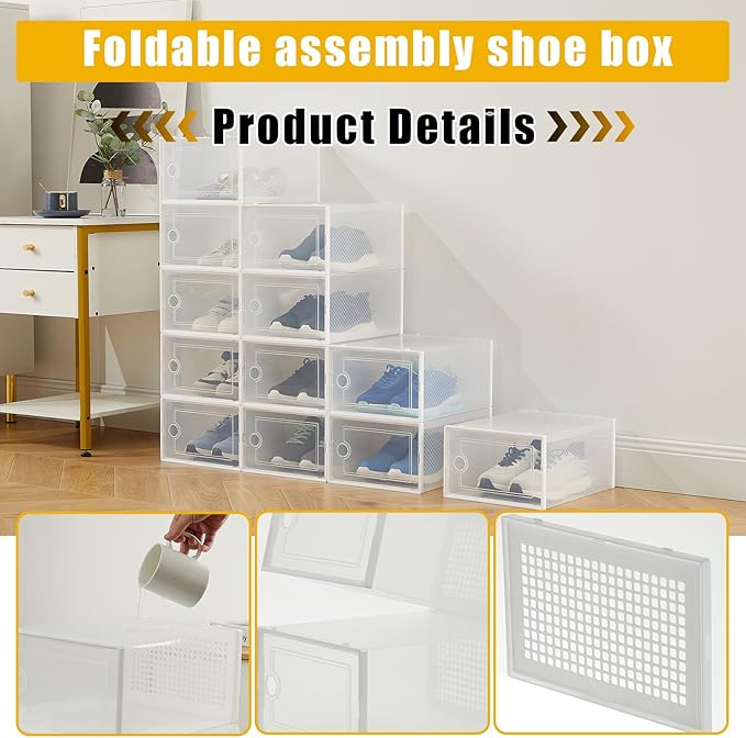 Garvee 12 PCS Transparent Plastic Foldable Shoe Boxes, Stackable Shoe Storage Organizers with Lids for Closet