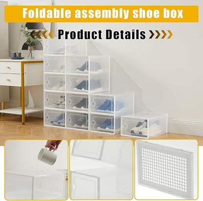 Garvee 12 PCS Transparent Plastic Foldable Shoe Boxes, Stackable Shoe Storage Organizers with Lids for Closet