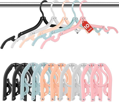 10 Pack Foldable Travel Hangers - Folding Hangers & Collapsible Hooks for Cruise/RV/Hotel/Dorm - Space-Saving Portable, Lightweight Compact Travel Essentials (Assorted Colors)