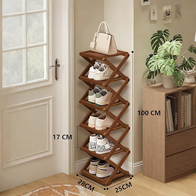 YYW Shoe Rack, Foldable Bamboo Shoes Shelf, Freestanding Shoe Storage Organiser for Entryway, Bedroom, Closet, Hallway Functional, Natural Shoe Rack (Brown, 6 Layers)