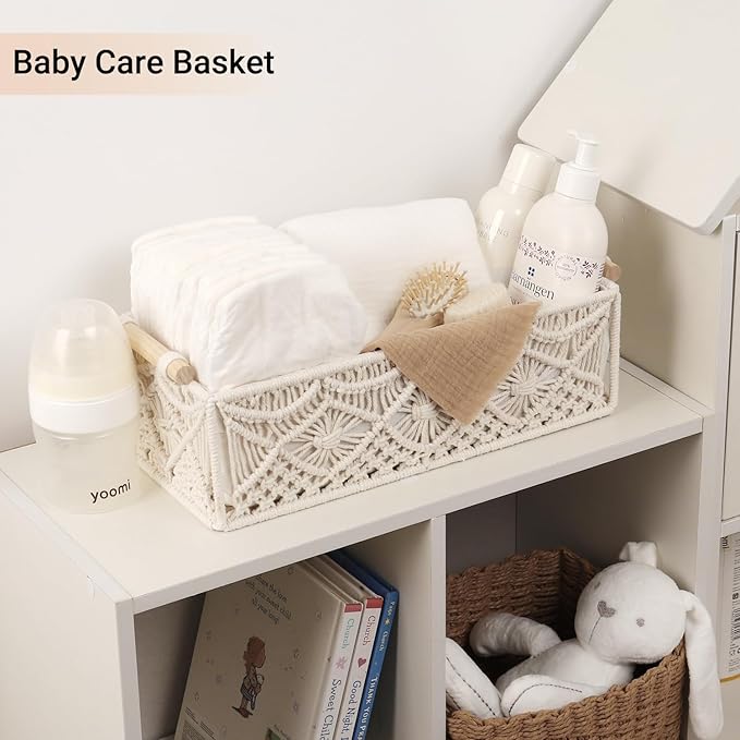 Nonam Macrame Storage Baskets, Boho Decor Style Woven Storage Boxes for Home Organization, Toilet Tank Shelf Cabinet Organizer Baskets,Set of 2-Weave White