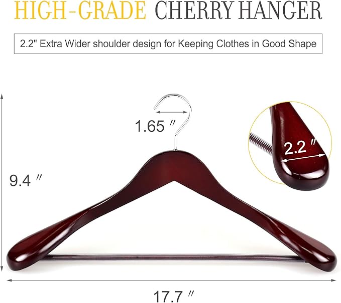 TOPIA HANGER Set of 6 Luxury Mahogany Wooden Coat Hangers, Premium Wood Suit Hangers, Glossy Finish with Extra-Wide Shoulder, Thicker Chrome Hooks & Anti-Slip Bar CT02M