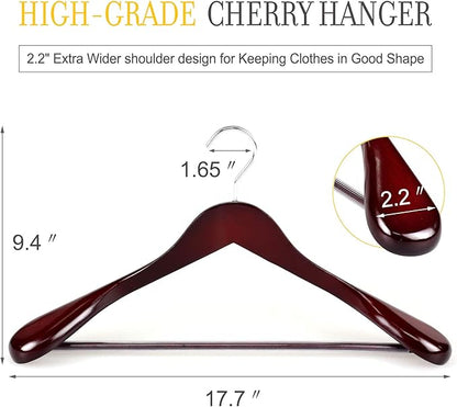 TOPIA HANGER Set of 6 Luxury Mahogany Wooden Coat Hangers, Premium Wood Suit Hangers, Glossy Finish with Extra-Wide Shoulder, Thicker Chrome Hooks & Anti-Slip Bar CT02M