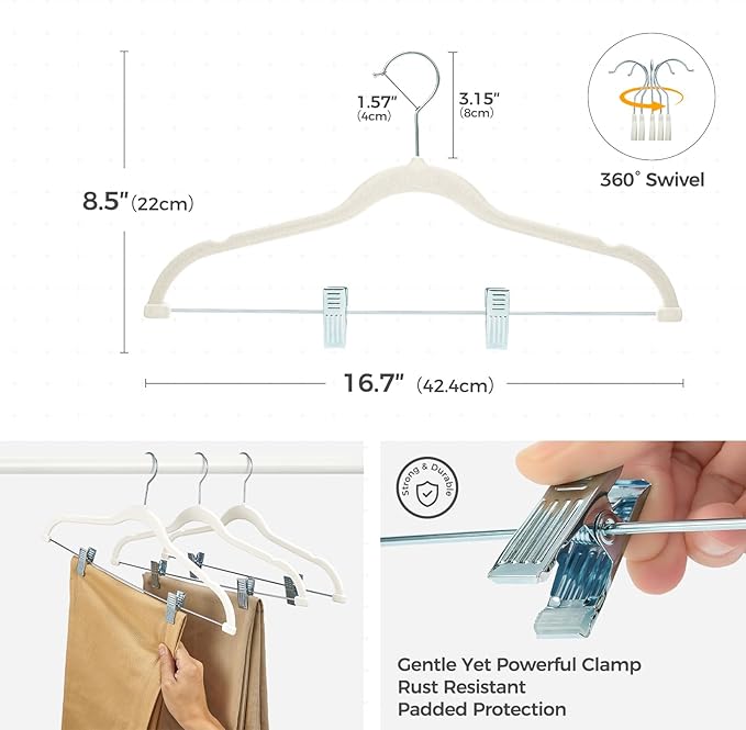 HOUSE DAY Velvet Hangers with Adjustable Clips 10 Pack, Non-Slip Suit Organizer with 360° Hook - Heavy Duty Hanger for Pants, Skirts, Blouses, Dresses - Outfit Hangers All-Season Space Saver (Ivory)
