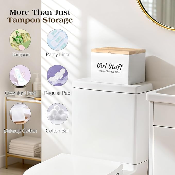 Luxspire Tampon Holder for Bathroom - Discreet Feminine Product Organizer with Lid & Wood Pad, Shark Week Tampon Storage Box, Stylish Girl Stuff Organizer for Bathroom, White