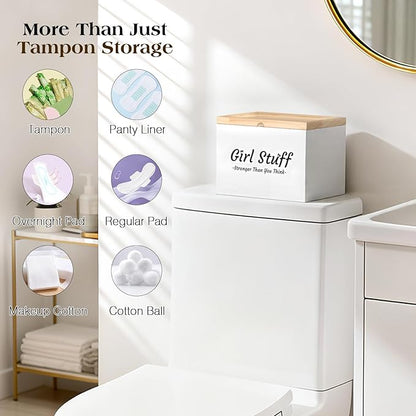 Luxspire Tampon Holder for Bathroom - Discreet Feminine Product Organizer with Lid & Wood Pad, Shark Week Tampon Storage Box, Stylish Girl Stuff Organizer for Bathroom, White