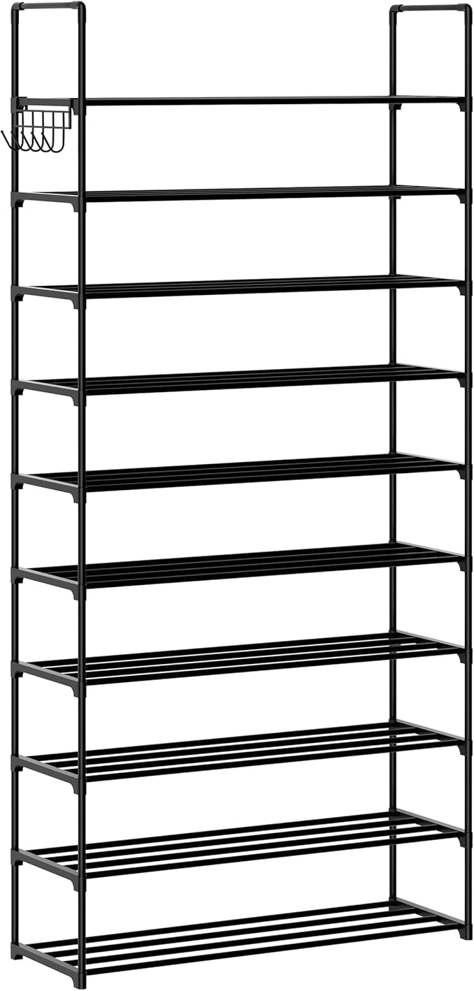 Shoe Rack, 10 Tier Shoe Storage Organizer with Hooks,Fit 40-45 Pairs Shoes,Metal Tall Shoe Shelf for Closet Entryway, Space Saving Tower for Living Room Hallway