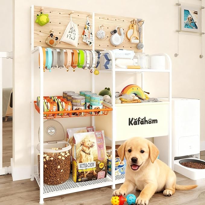 KAFAHOM Dog Toy Basket with Pegboard, Dogs Toy Bin with Storage Organizer, All-in-One Dog Stuff Box & Essential Holder, Perfect Basket for Dog Toys in Living Room, Great Gifts for Pet Lovers, White