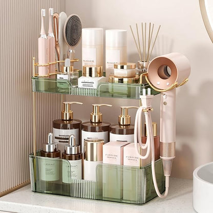 Bathroom Counter Organizer for Vanity, Makeup Organizer Countertop with Holder, Large Capacity Storage Rack, Perfect Large Skincare, Hair Care, Perfume, Easy to Install (Green, 2Tiers)