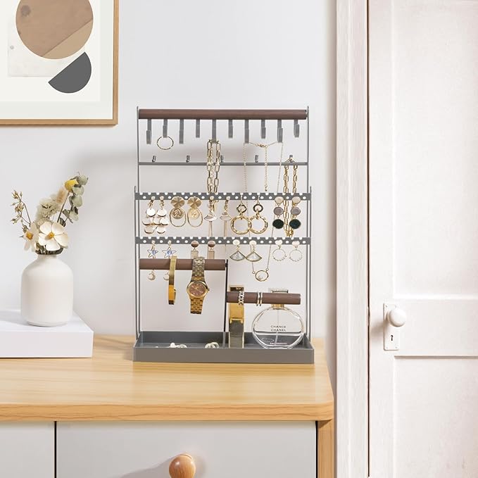 ProCase Jewelry Organizer Stand Necklace Organizer Earring Holder, 6 Tier Jewelry Stand Necklace Holder with 15 Hooks, Jewelry Tower Display Rack Storage Tree for Bracelets Earrings Rings -Grey