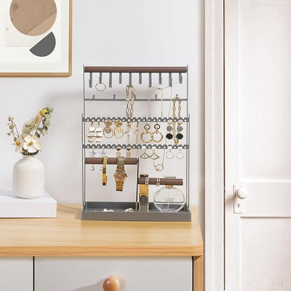 ProCase Jewelry Organizer Stand Necklace Organizer Earring Holder, 6 Tier Jewelry Stand Necklace Holder with 15 Hooks, Jewelry Tower Display Rack Storage Tree for Bracelets Earrings Rings -Grey