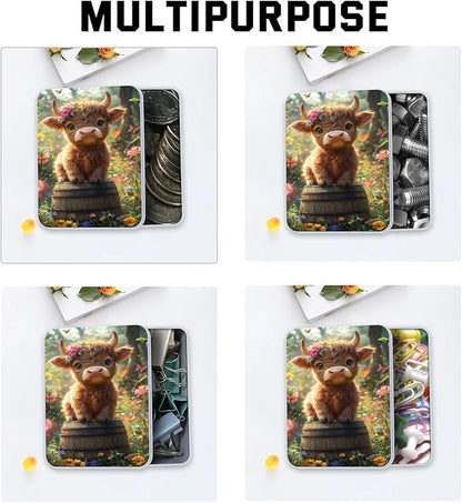 Metal Tin Box with Lid for Game Cards Home Large Organizer Candles Keys Crafts Storage - Comes with 4 Magnetic Cord Clips，Cute Highland Calf Floral