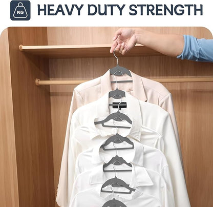 Velvet Hangers 50 Pack, Non Slip Stackable Clothes Hangers with Cascading Hooks, Ultra Thin and Space Saving Felt Hangers with Tie Bar, 360° Swivel Hooks, Heavy Duty for Suit Coat Shirt Pant- Gray
