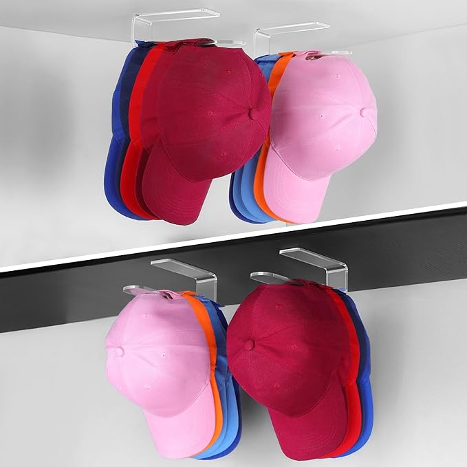 2 Packs Hat Hangers for Wall - Hat Hook Acrylic Baseball Hat Rack Adhesive Baseball Cap Organizer Hat Holder for Wall Closet Door Bedroom Organization