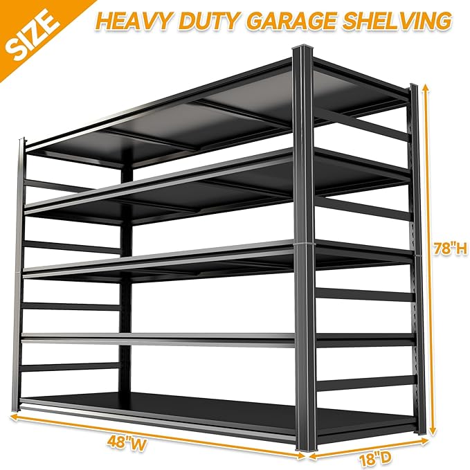 Heavy Duty Garage Shelving Unit, 5-Tier Adjustable Metal Storage Shelves, 3000LBS Load Capacity Shelf for Garage & Basement, Tool Organization, High - Capacity Storage Solution, 48" W, Black
