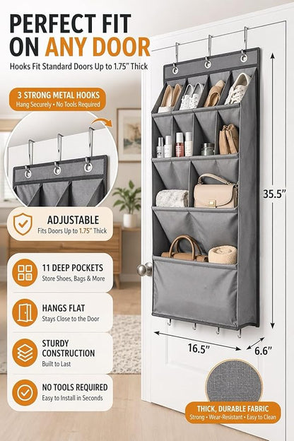 Over the Door Shoe Organizer, Hanging Closet Organizer with Deep Pockets, 900D Oxford Fabric, Heavy-Duty Hooks, Space Saving Storage for Shoes, Bags, Accessories – Gray, 15 Pockets