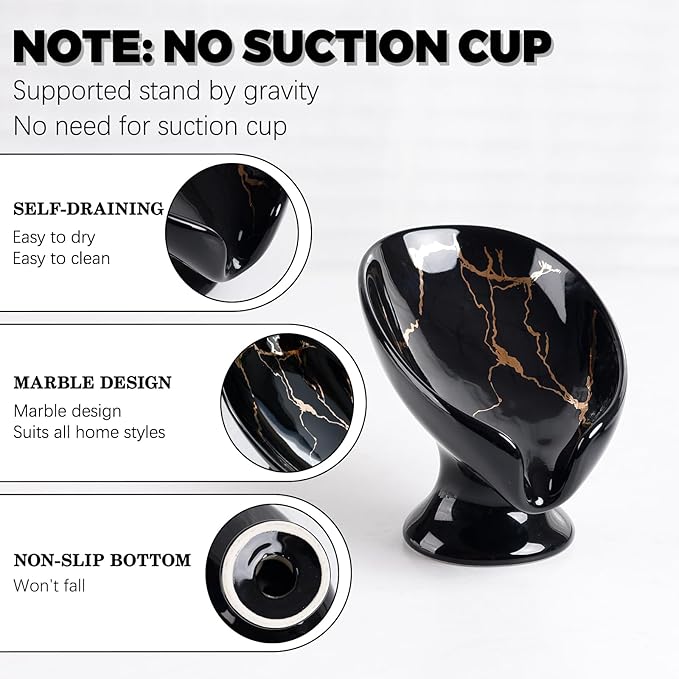 Soap Dish, Ceramic Soap Holder Self Draining Leaf Shape Bar Soap Holder, Marble Look Black Drain Soap Dish Holder for Bathroom, Easy to Clean Keeps Soap Dry, ANTIS'S HOME