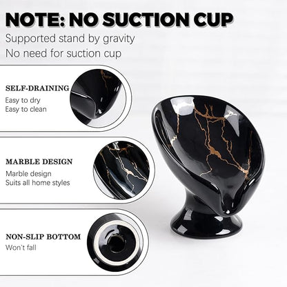 Soap Dish, Ceramic Soap Holder Self Draining Leaf Shape Bar Soap Holder, Marble Look Black Drain Soap Dish Holder for Bathroom, Easy to Clean Keeps Soap Dry, ANTIS'S HOME
