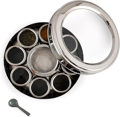Elan Stainless Steel Masala Box | Spice Storage Container | Masala Dani With 9 Containers and Small Spoon | Masala Dabba For Kitchen See Through Lid | Kitchen Spice Organiser (Moss green)