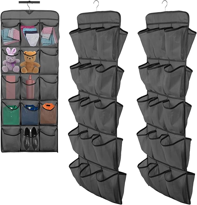 2Pcs 30 Large Pockets Dual Sided Hanging Shoe Organizer for Closet Shoe Storage Shelves with 360 Rotating Hanger Space Saving Storage Bag Hanging Shoe Rack for Bedroom Laundry Room,Black