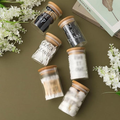 6 Pcs Apothecary Jars Glass Jars with Lids for Bathroom Holder Glass Cotton Ball Holder for Home Bathroom Farmhouse Storage Containers Makeup Organizer Decoration