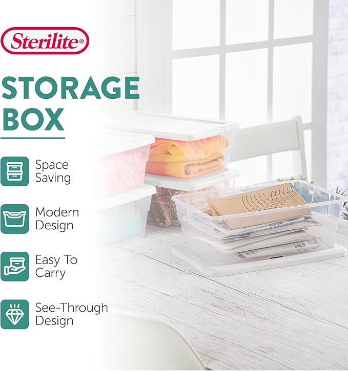 Sterilite 12-Pack 6 Quart Storage Boxes, Stackable Clear Plastic Bins with Snap-On Lids – Heavy-Duty Organizing Containers for Closet, Bathroom, and Office
