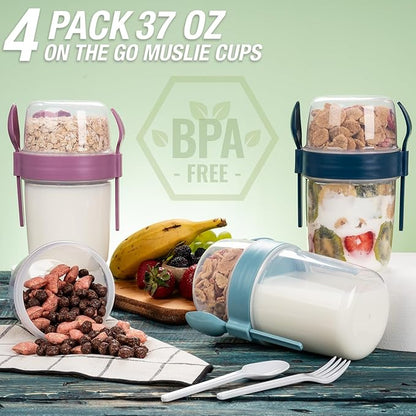 4 Pack On The Go 37 oz Breakfast Cups with Lids and Spoon, Reusable Cereal Yogurt Cup with Topping Plastic Overnight Oats Container for Granola Oatmeal (37 oz- 4 Pack)