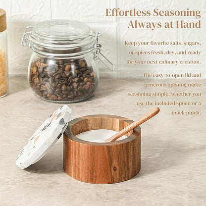 Wooden Salt Cellar with Marble Lid,Salt Container Box Bowl for Countertop,Elegant Salt Holder Jar Dish with Spoon,Kitchen Seasoning Containers for Salt Pepper Sugar Spice Storage,6OZ