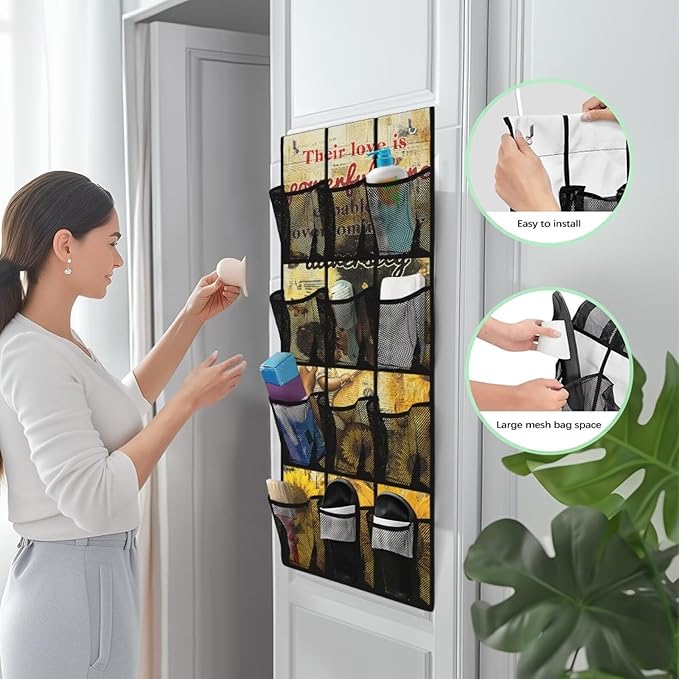 Mother's Day Print 1 Packs Narrow Over the Door/Wall Shoe Organizer,Nursery Organization,Over The Door Organizer,Small Hanging Shoe Rack for Closet with Mesh Pocket for Bathroom