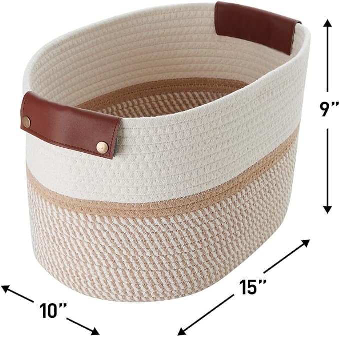 3 Pack Cotton Rope Storage Basket Woven Shelf Storage Bin with Faux Leather Handles, Decorative Closet Shelf Woven Basket for Storage Organizers, 15 x 10 x 9, White/Brown
