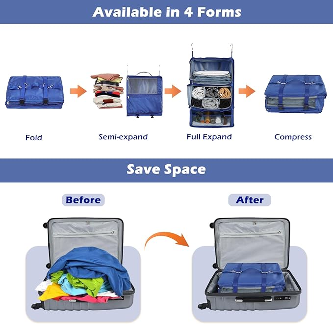 Surblue Hanging Shelves Travel Storage Bag Compression Packing Cube for Suitcase Portable Closet Organizer Collapsible with Extension Layer Large Capacity,Blue,XXL