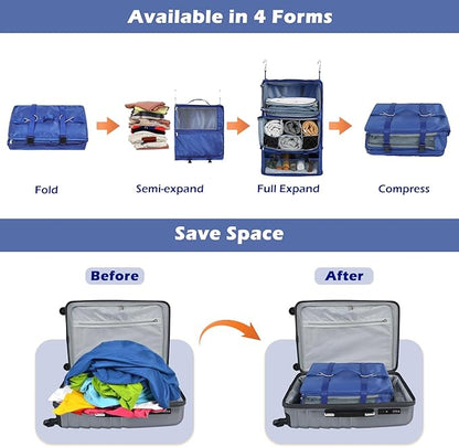 Surblue Hanging Shelves Travel Storage Bag Compression Packing Cube for Suitcase Portable Closet Organizer Collapsible with Extension Layer Large Capacity,Blue,XXL