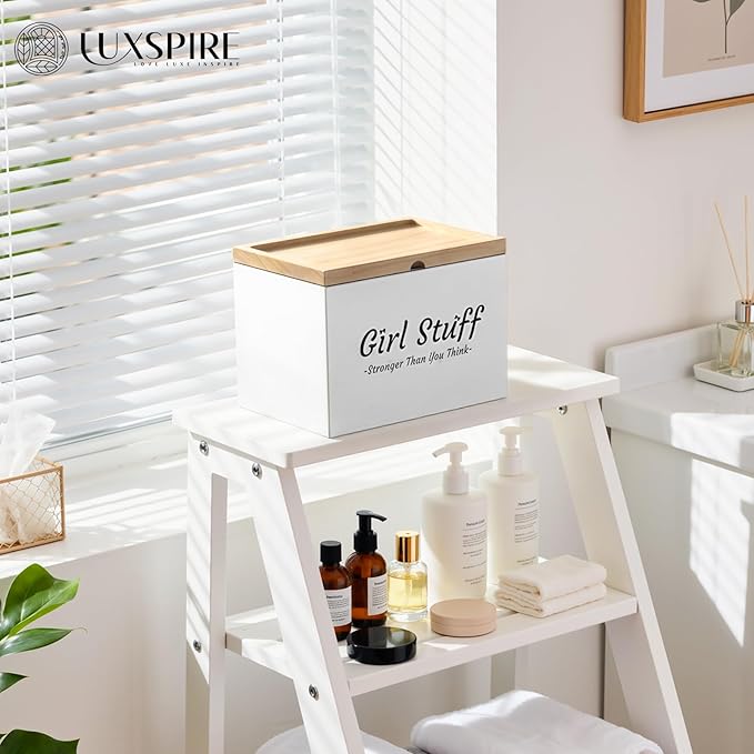 Luxspire Tampon Holder for Bathroom - Discreet Feminine Product Organizer with Lid & Wood Pad, Shark Week Tampon Storage Box, Stylish Girl Stuff Organizer for Bathroom, White