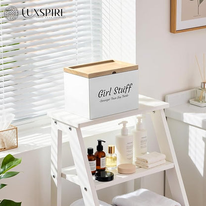 Luxspire Tampon Holder for Bathroom - Discreet Feminine Product Organizer with Lid & Wood Pad, Shark Week Tampon Storage Box, Stylish Girl Stuff Organizer for Bathroom, White
