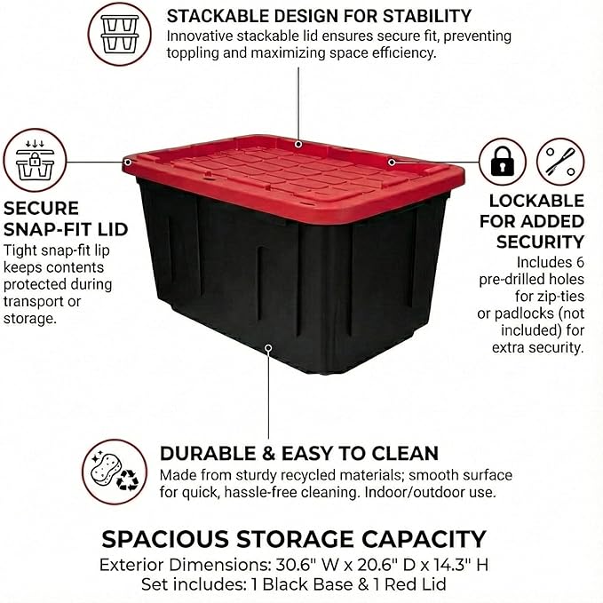 27 Gal Industrial Tote,4 Pack Large Storage Bin,Black with Red Lid Plastic Storage Container Stackable & Nestable Heavy Duty Storage Totes, Suitable for Garages, Basements or Outdoors (4 Pack)