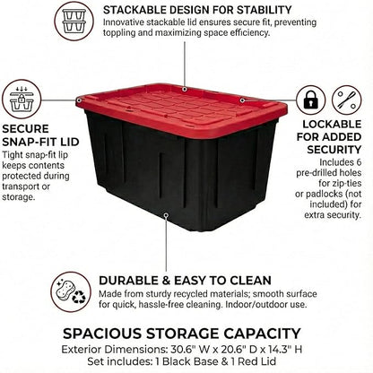 27 Gal Industrial Tote,4 Pack Large Storage Bin,Black with Red Lid Plastic Storage Container Stackable & Nestable Heavy Duty Storage Totes, Suitable for Garages, Basements or Outdoors (4 Pack)