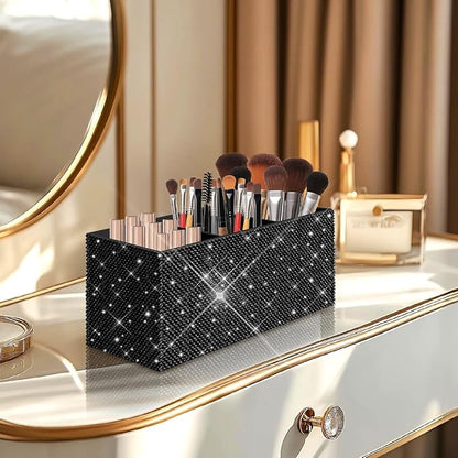 Bling Makeup Brush Holder Organizer, 3 Slot Sparkle Cosmetics Brushes Storage Holders with Shiny Rhinestones, Glitter Cute Pen and Pencil Holder for Desk, Eyeliners Display Case for Vanity（Black）