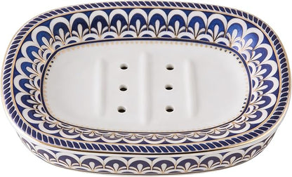 Double-Layer White Ceramic soap Dish: self-draining Ceramic soap Holder with a Vintage Decorative Style, Suitable for soap on Bathroom Sinks, Small and Cute, with Elegant Patterns.